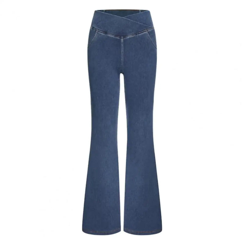 High Waisted Crossover Pocket Washed Stretchy Knit Casual Super Flare Jeans