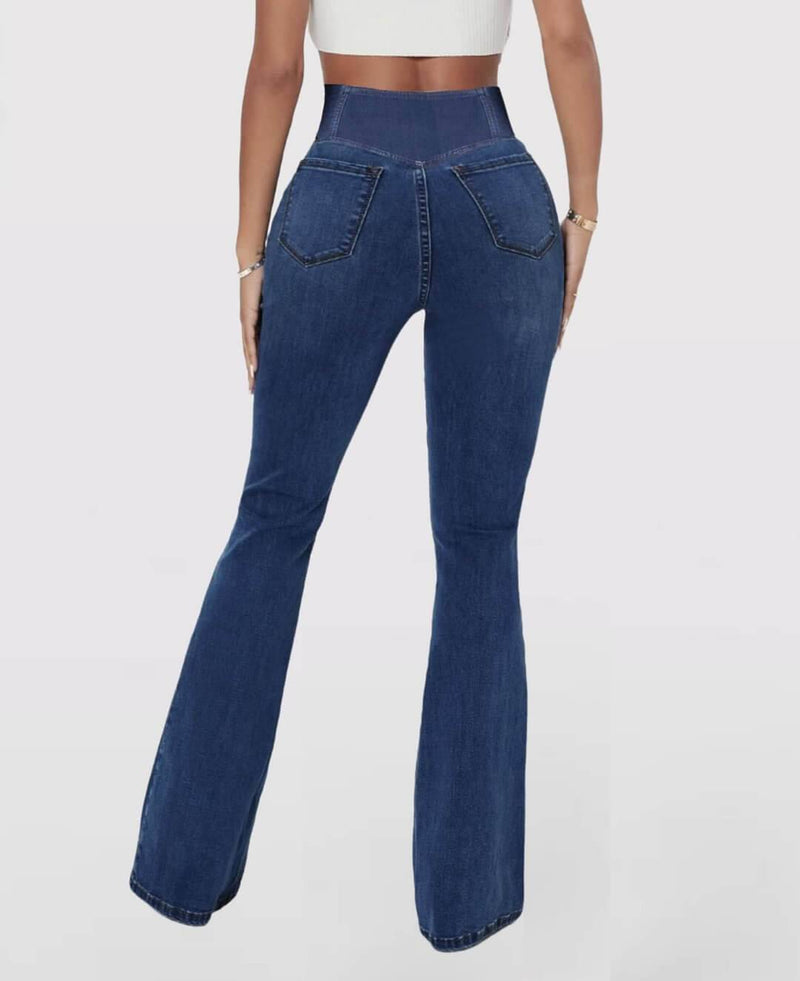 High Waisted Crossover Pocket Washed Stretchy Knit Casual Super Flare Jeans