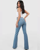 High Waisted Crossover Pocket Washed Stretchy Knit Casual Super Flare Jeans