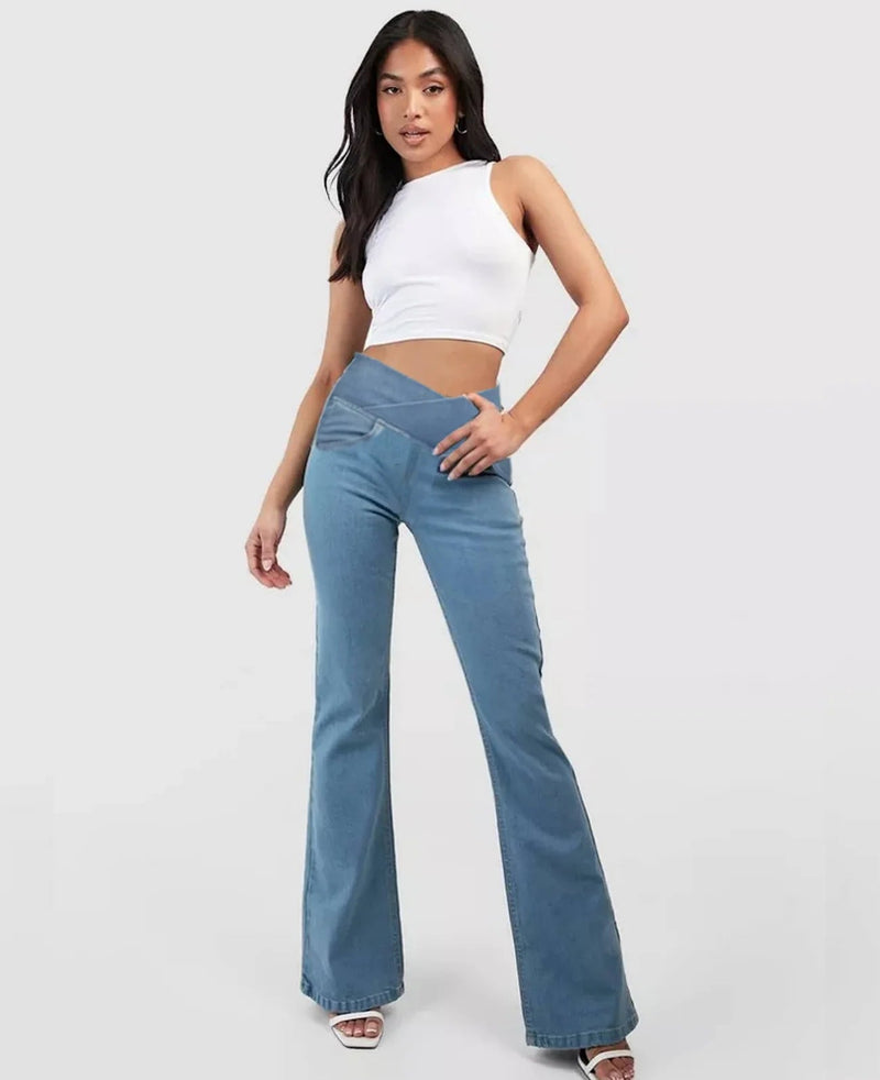 High Waisted Crossover Pocket Washed Stretchy Knit Casual Super Flare Jeans