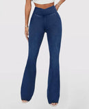 High Waisted Crossover Pocket Washed Stretchy Knit Casual Super Flare Jeans