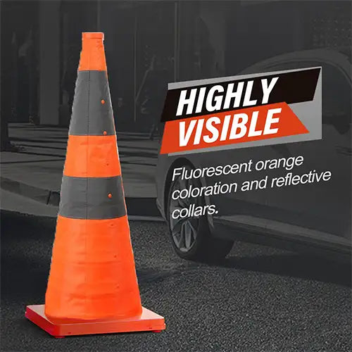 Improve Traffic Safety! Set of 2, 28-Inch Collapsible Reflective Traffic Safety Cones - Orange Cones with Reflective Collars, Ideal for Parking Lots, Driveways, Driver Training, and More.