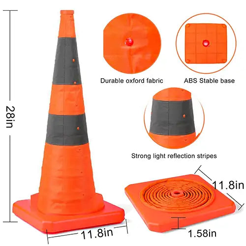 Improve Traffic Safety! Set of 2, 28-Inch Collapsible Reflective Traffic Safety Cones - Orange Cones with Reflective Collars, Ideal for Parking Lots, Driveways, Driver Training, and More.