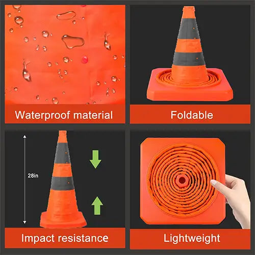 Improve Traffic Safety! Set of 2, 28-Inch Collapsible Reflective Traffic Safety Cones - Orange Cones with Reflective Collars, Ideal for Parking Lots, Driveways, Driver Training, and More.